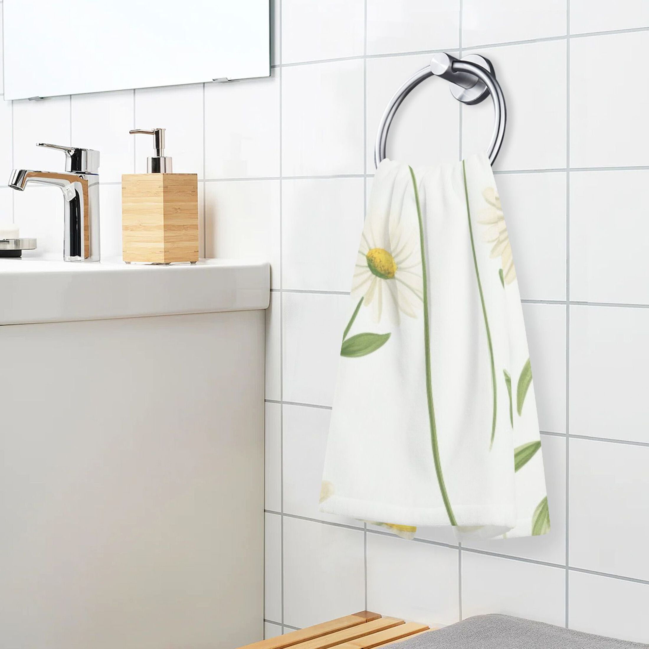 2 Pcs Hand Towel Set Cute Daisies and Leaves Cotton Absorbent Soft Face Towels Bath Towels for Bathroom Kitchen Shower Hotel Decor 16"x28"