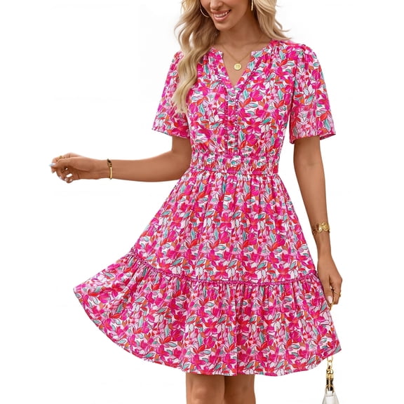 Merokeety Womens Summer Dresses Floral V Neck Short Sleeve Button A Line Dress Pink m