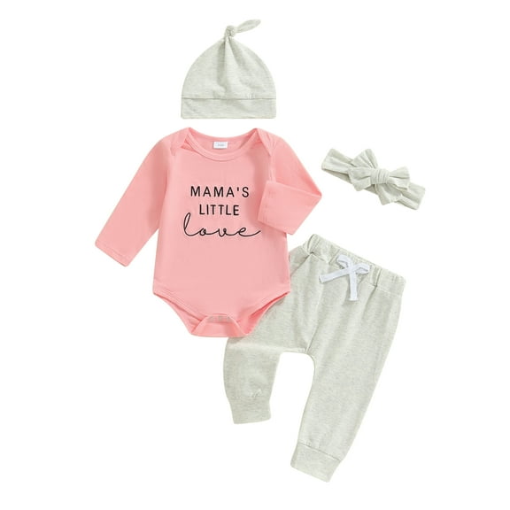 Infant Baby Girl Fall Outfit, Long Sleeve Romper Elastic Waist Pants Hat Headband 4 Piece Clothes Set