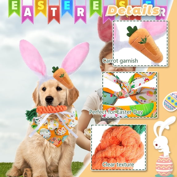 Easter Dog Costumes Cute Bunny Ears Headband Reversible Eggs Puppy Bandana Bowtie Pink Easter Outfits for Small Medium Large Dogs Funny Carrot Rope Chew Toys Birthday Party Accessories