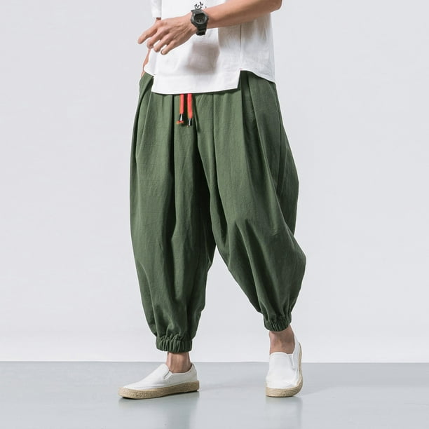 Long Pants For Men Men's Trendy Casual Loose Solid Color Harem Pants Wide  Leg Elasticated Pants Army Green XXXXXL JE 