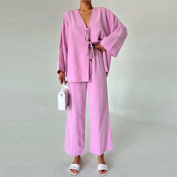 Conjunto de 2 piezas de pantalones de lino y algodón para mujer, camisa holgada con cuello en V y cordones, pantalones de pierna ancha, trajes sólidos para verano, 2024