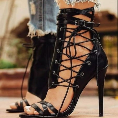 

LnjYIGJ High Heels Shoes Women s Sexy High Heeled Open Toe Hollow Strappy Belt Buckle Side Zipper Cool Boots