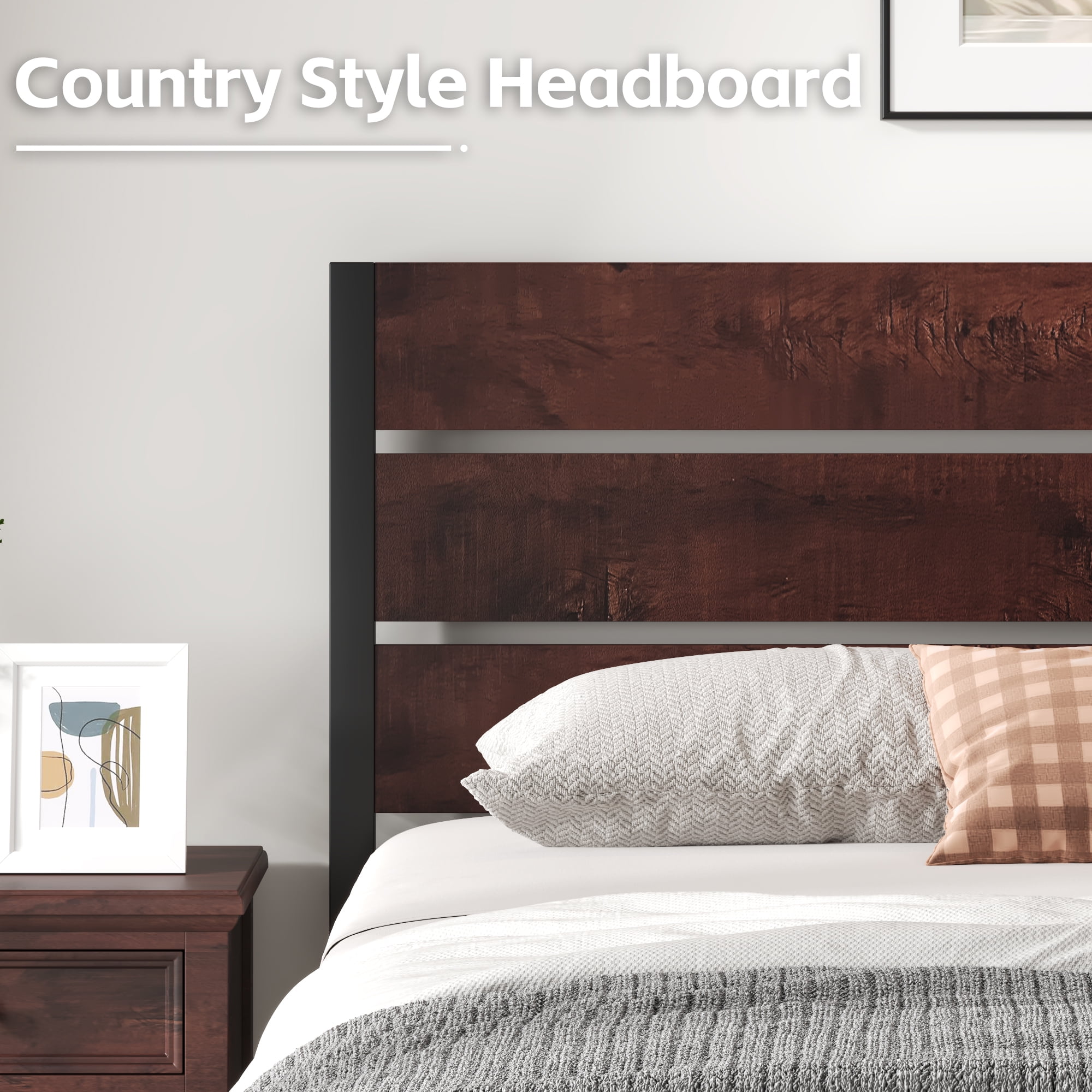 Fluest Queen Bed Frame with Rustic Vintage Wood Headboard and Footboard,Metal Support, VintageBrown