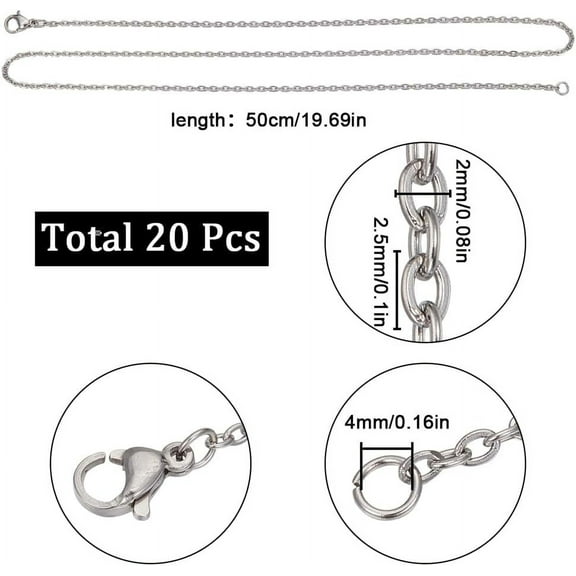 20 Pack 20 Inch/ 0.5m 2mm Stainless Steel Necklace Chains Bulk Silver Necklace Making Metal Lobster Claw Clasps Cable Chains Necklaces Bulk for Jewelry Making Supplies Women Adult DIY