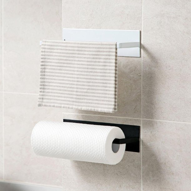 Soporte autoadhesivo para rollo de papel de cocina, estante de almacenamiento para toallas de baño (negro)