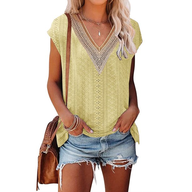 ICHUANYI Clearance Fashion Women's Summer V-Neck Casual Lace Patchwork Solid Blouse Top(Yellow, XL) ICHUANYI WER2023081010783