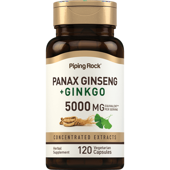 Panax Ginseng Capsules | 5000 mg | 120 Count | with Ginkgo Biloba for Men and Women | by Piping Rock