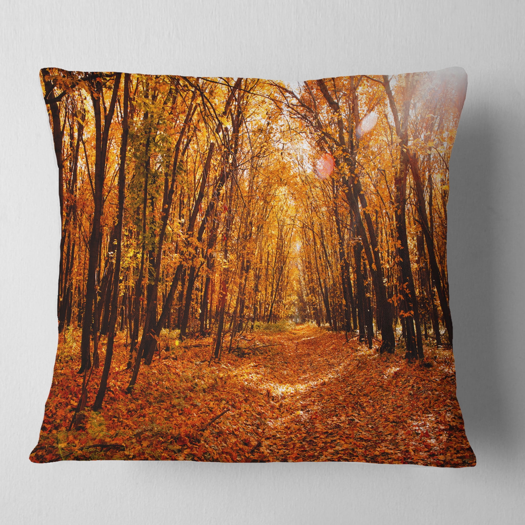 Designart Yellow Falling Leaves in Forest - Landscape Photo Throw Pillow - 18x18