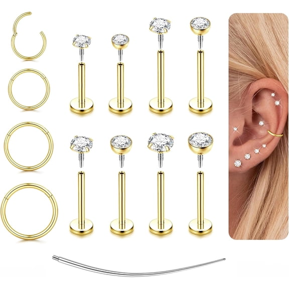 14K Gold Plated Flat Back Earrings - 16G/18G 316L Surgical Steel Internal Thread CZ Stud Piercing Jewelry for Tragus Helix Cartilage Conch Hypoallergenic Nose Rings Lip Labret Medusa Piercin...[g369]