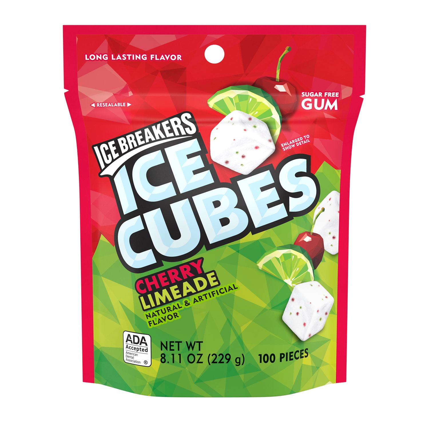 ICE BREAKERS, ICE CUBES Cherry Limeade Flavored Sugar Free Chewing Gum, Made with Xylitol, 8.11 oz, Resealable Bag (100 Pieces)