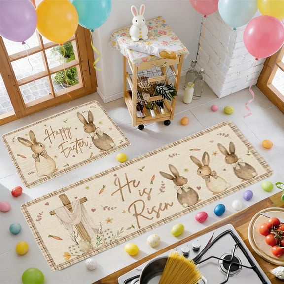 Wooowa Easter Family Theme Kitchen Rug Set, for Cute Bunny Egg Pattern Entrance Hallway Floor Mat Decor