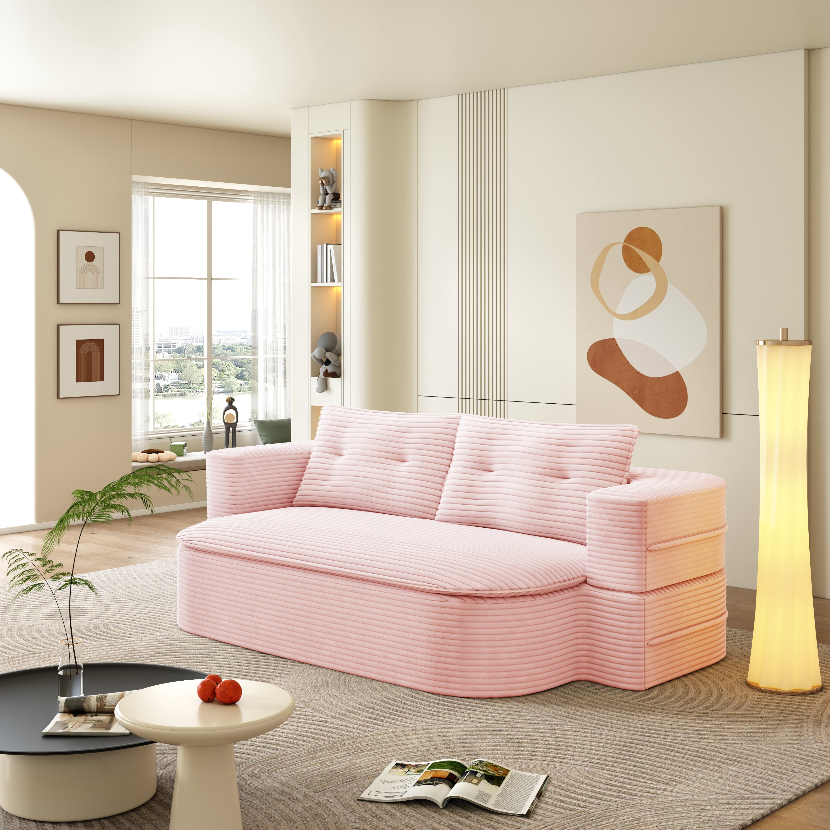NeoKo 78" Full Size Floor Sofa, Folding Queen Sleeper Couch, Futon Loveseat Sofa, Corduroy Boneless Loveseat Couch, Fold Mattress Bed for Living Room, Guest Use, Office, Apartment, Baby Pink