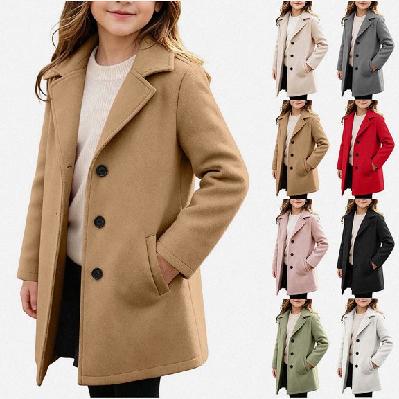 NORO ARK Kids Coat (4-15 Years) Breasted Lapel Collar Long Sleeve Mid-Long Wool Blend Overcoat Brown Size 8