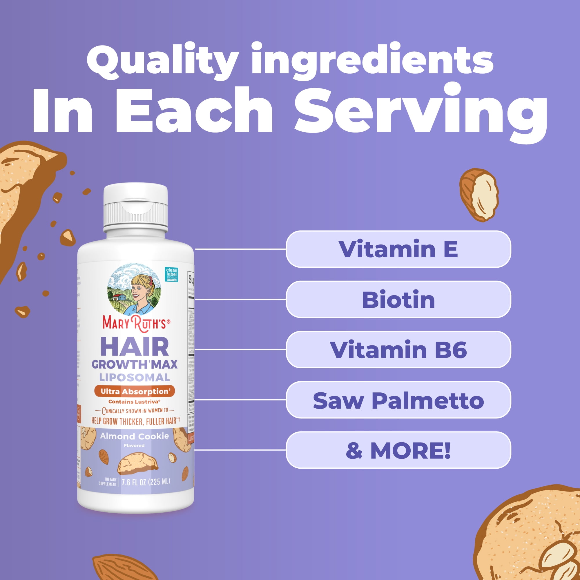 MaryRuth's Hair Growth Max Liposomal, Ultra Absorption, Contains Lustriva, 7.6 fl oz, Almond Cookie