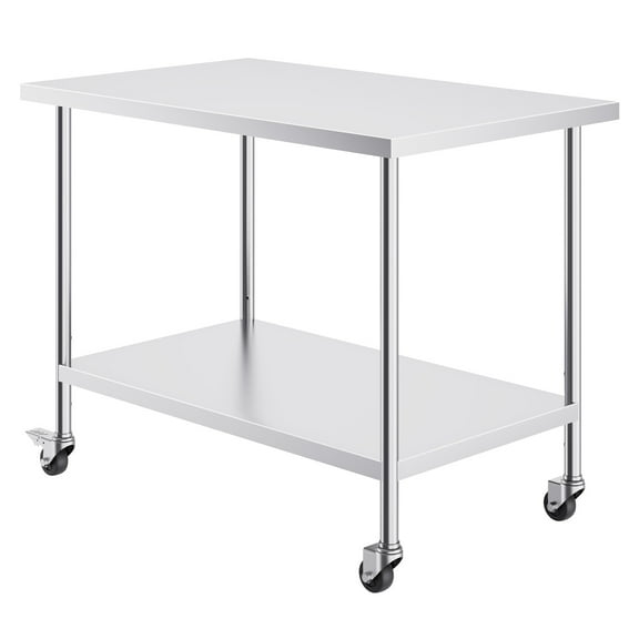 KFFKFF Stainless Steel Prep Table, 30x48x38 in, Equipped with 4 Casters, 3 Height Settings, Durable for Restaurant Kitchen Use, Silver