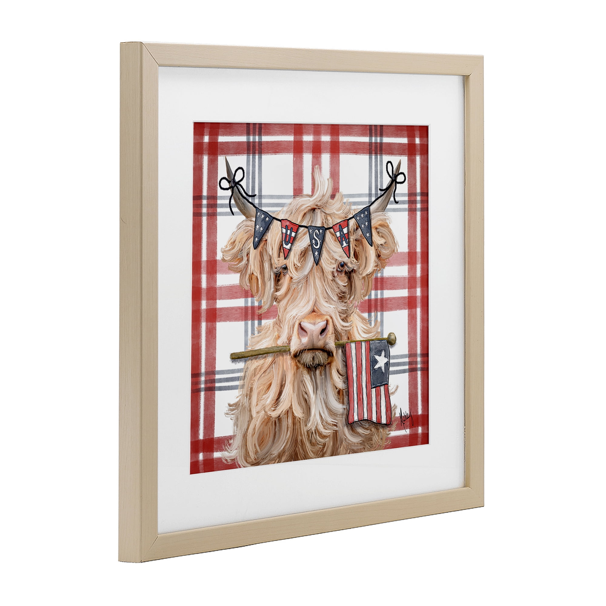 USA Plaid Highland Cattle Birch Framed Print Under Glass, design by Ashley Bradley