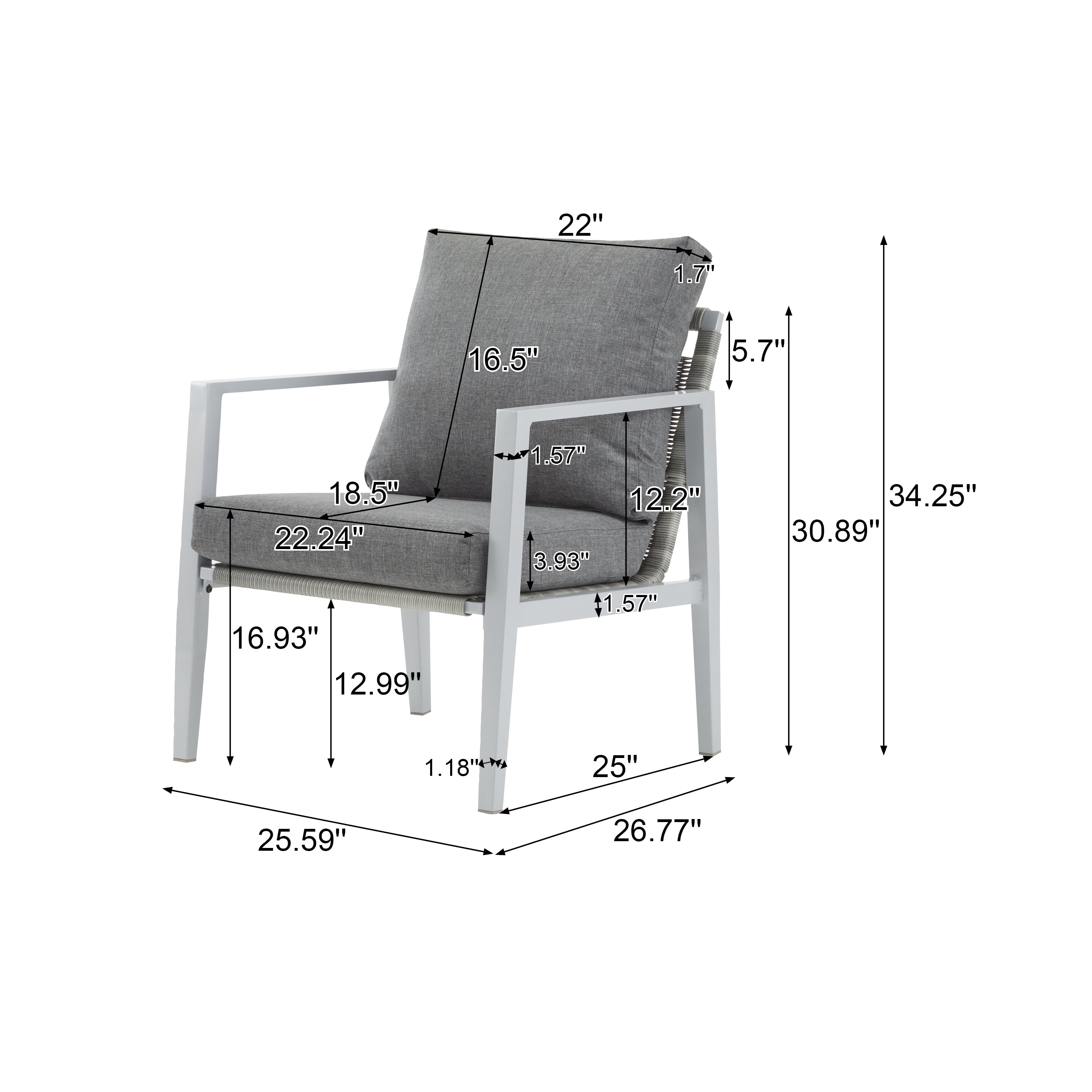 Accent Lounge Chair, Silver Aluminum Chair with Sleek Rope Details and Comfort Cushions for Patio, Silver and White