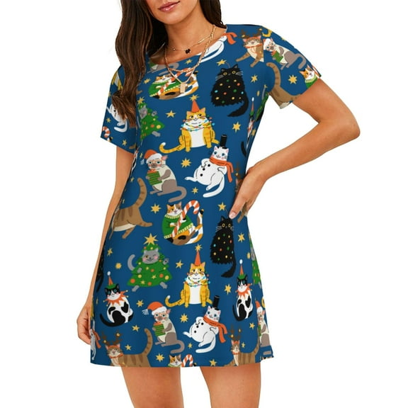 Logiee Different Cats Christmas Print Nightgowns for Women,Soft Short-Sleeved Lightweight Sleepwear, Loose Sleepshirts