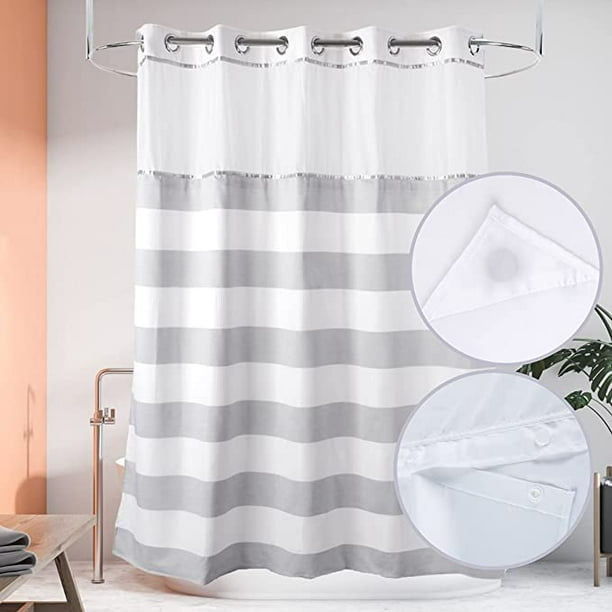 Ecoehoe 71"W x74"H Stripe Fabric Hook Free Shower Curtain with Polyester Snapin Liner