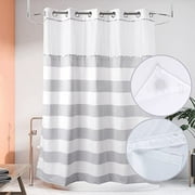 Ecoehoe 71"W x74"H Stripe Fabric Hook Free Shower Curtain with Polyester Magnet Snap-in Liner-Top See Through with Mesh Window