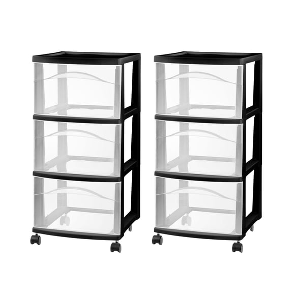 Sterilite 3 Drawer Storage Cart, Plastic Rolling Medium Organizer, Black, 2 Pack