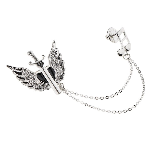 Broche de cadena para collar con alas de ángel de cristal, corazón y nota musical. Plata