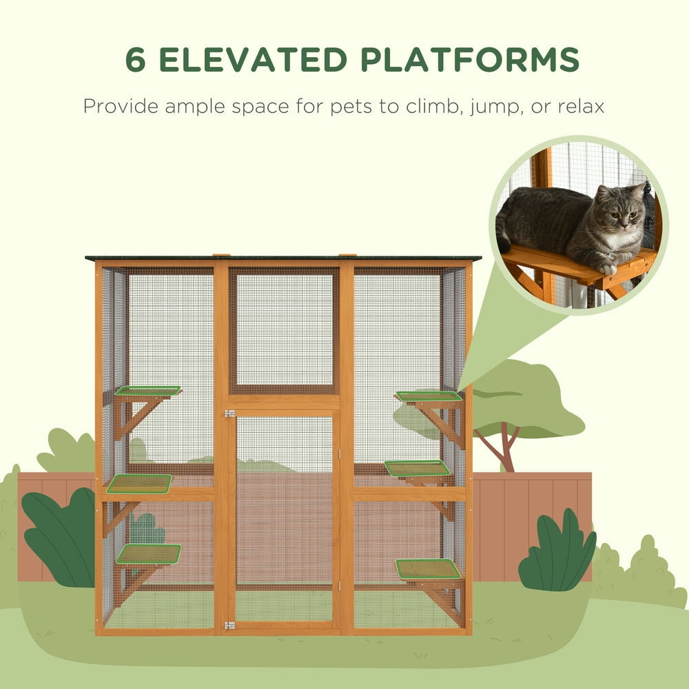 Resenkos Cat Playpen,Outdoor Cat House Big Catio Wooden Feral Cat Shelter Enclosure with Large Spacious Interior, 6 High Ledges, Weather Protection Asphalt Roof, 71" L, Orange
