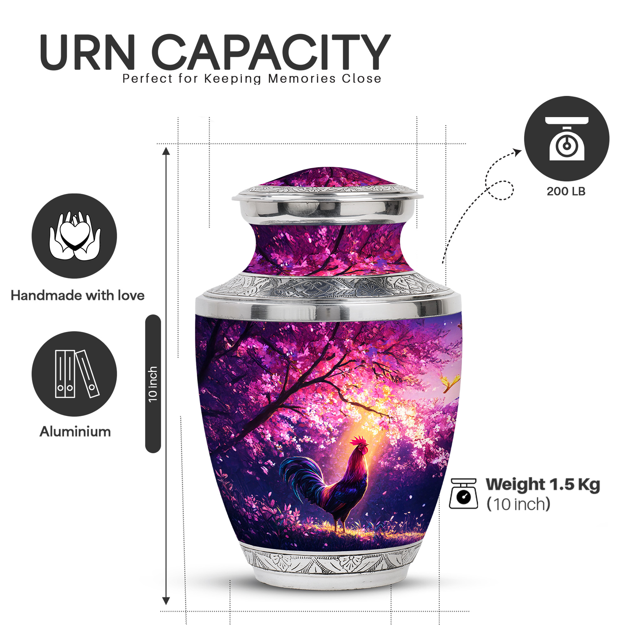 Yatskia Pink Blossoms Rooster Urns for Human Ashes Adult Female, Memorial Urn for Ashes Adult Male, Decorative Urns for Human Ash, (Tasty Large, 10 Inch)