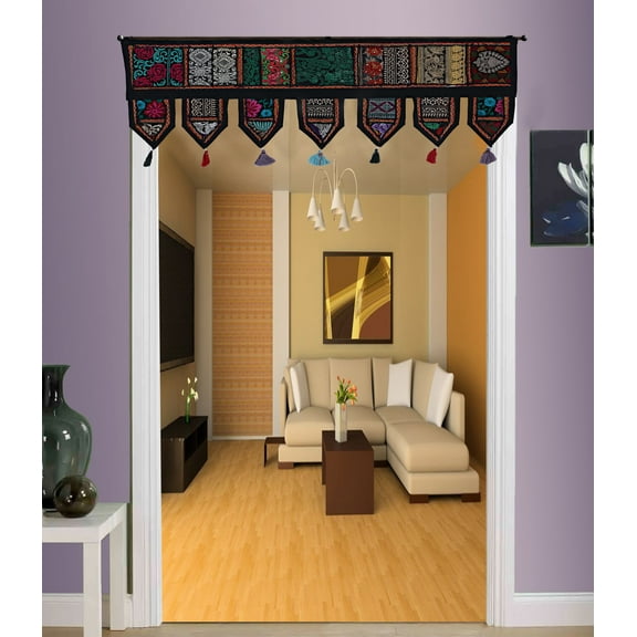 Stylo Culture Indian Cotton Window Valances For Living Room Black Vintage Embroidered Patchwork Tassels Floral Scarf Curtain Topper Bedroom Swag Curtain Door Hanging Toran | 38 x 14 Inches