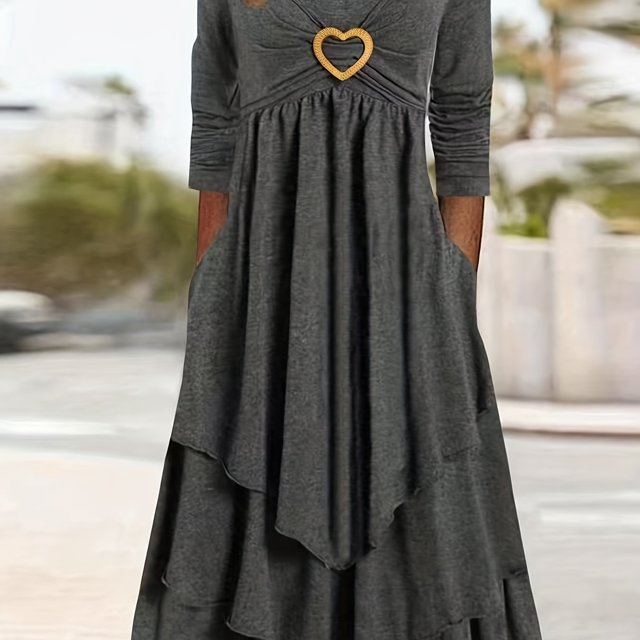 Vestido Elegante De Talla Grande, Vestido Maxi De Cuello Redondo Con Decoración De Anillo De Corazón En Capas De Manga Larga Lisa Para Mujer