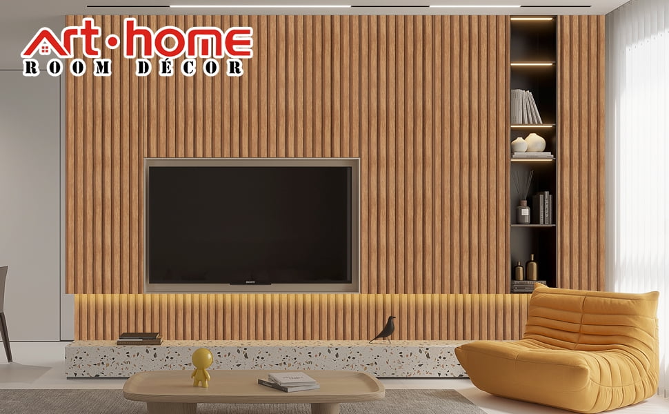 Arthome 17''x393'' Wood Slat Wallpaper ,Peel and Stick Self Adhesive Wood Wallpaper PVC Vinyl Decorative Removable Wallpaper Waterproof Faux Wood Grating Stripe Contact Paper for Living Room Bedroom