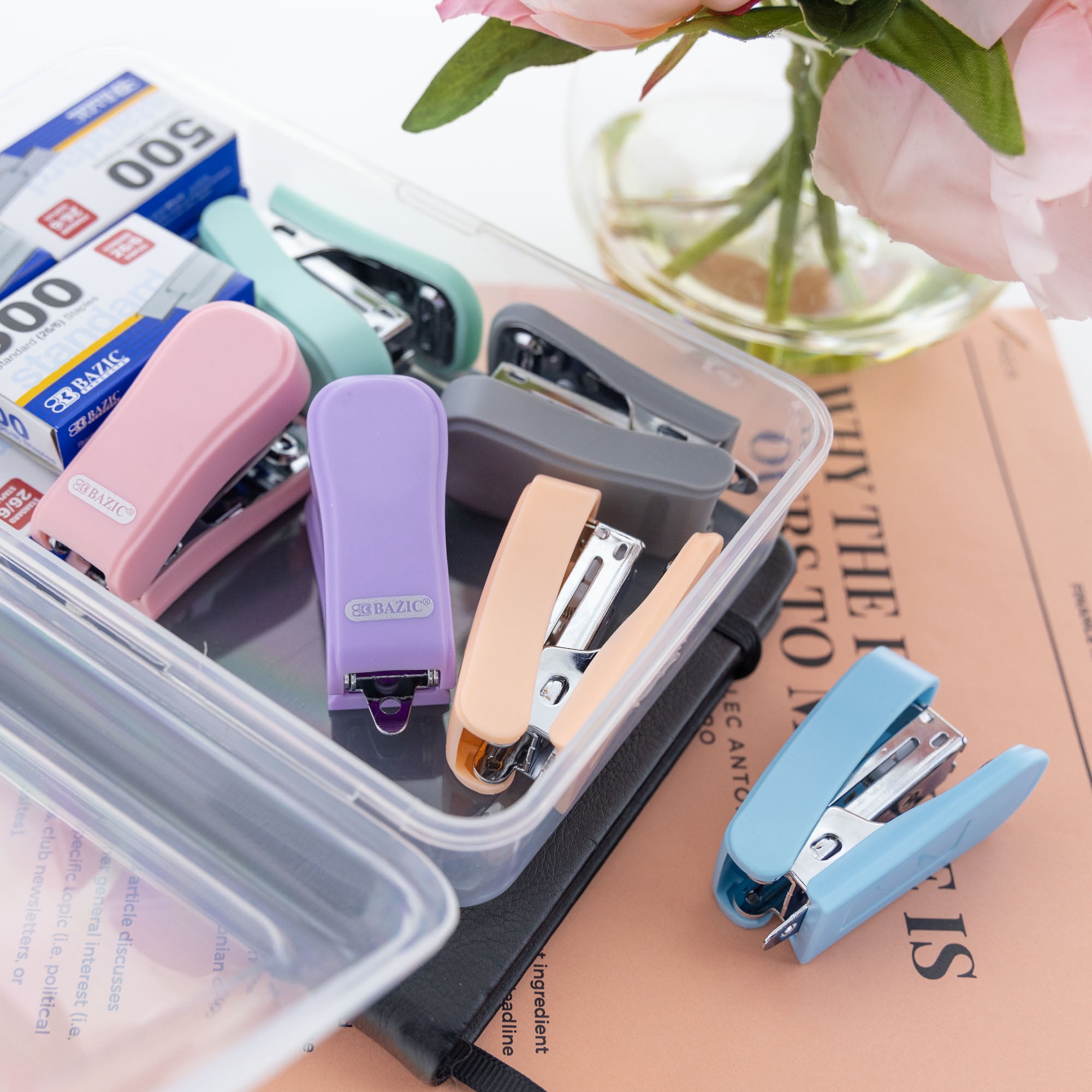 BAZIC Mini Stapler w/ 500 Staples, Standard (26/6) Pastel Color, Built-in Staple Remover, 24-Pack