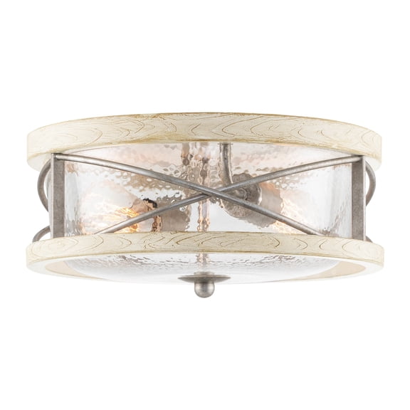 Kira Home Blaylock 13" Farmhouse Flush Mount Ceiling Light, Hammered Glass Shade, Wood Grain Metal, White Ash Wood