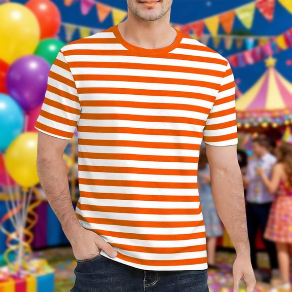 Mens T-shirts Short Sleeve Striped Crewneck T Shirt Casual Wear Party Outfits Comfortable Breathable Daily Tees Orange L