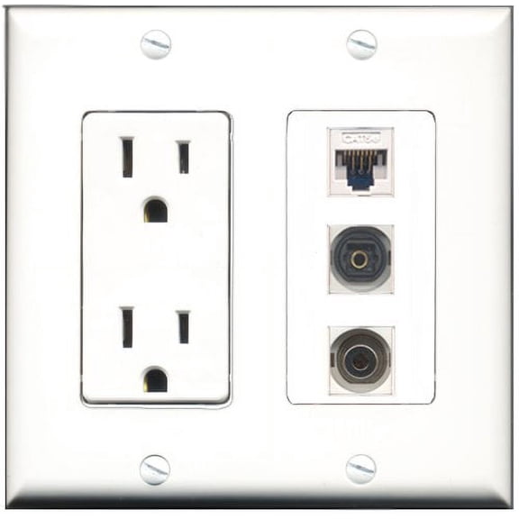 RiteAV - 15 Amp Power Outlet 1 Port Toslink 1 Port 3.5mm 1 Port Cat5e Ethernet White Decorative Wall Plate