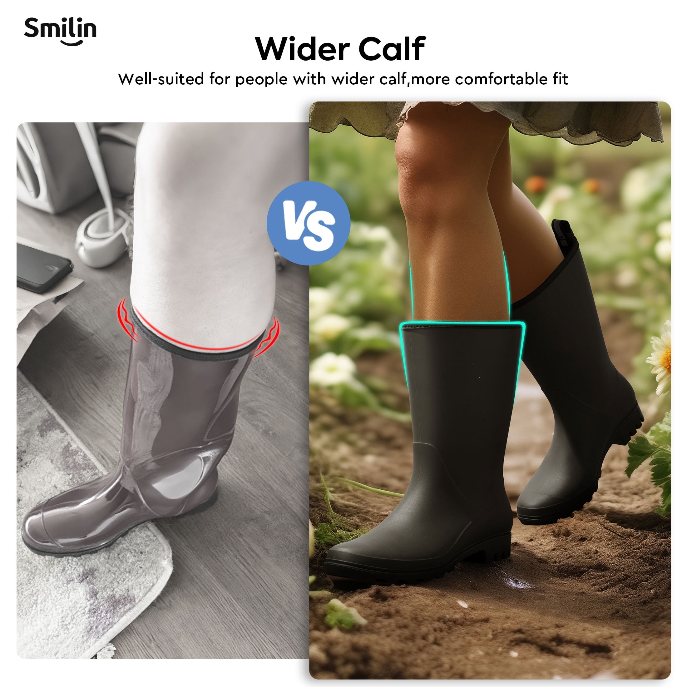 SMILIN Rubber Wide Calf Rain Boots for Women, Black, Size 9.5