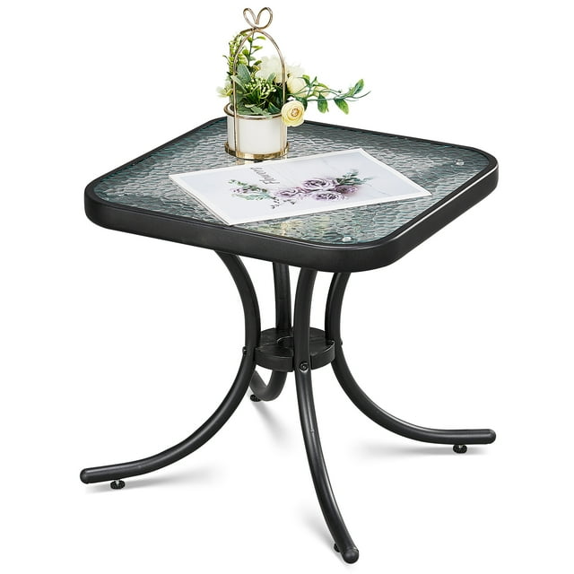 Ktaxon 18" Square Outdoor Side Table with Tempered Glass Top, Ripple-patterned Courtyard Glass Table, Black