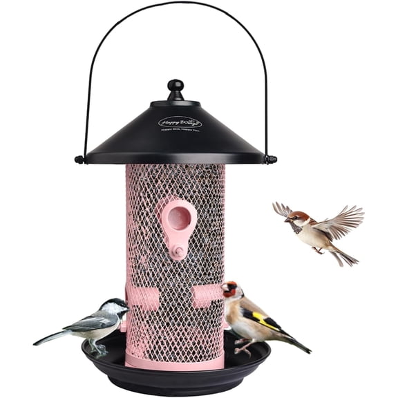 Happy Wings Hanging Metal Mesh Tube Bird Feeder for Wild Birds I 2 Metal Perches I Durable & Heavy -Duty I Weatherproof, Completely Removable Finch Bird Feeder for Balcony - 2 Lb Capacity -Pink