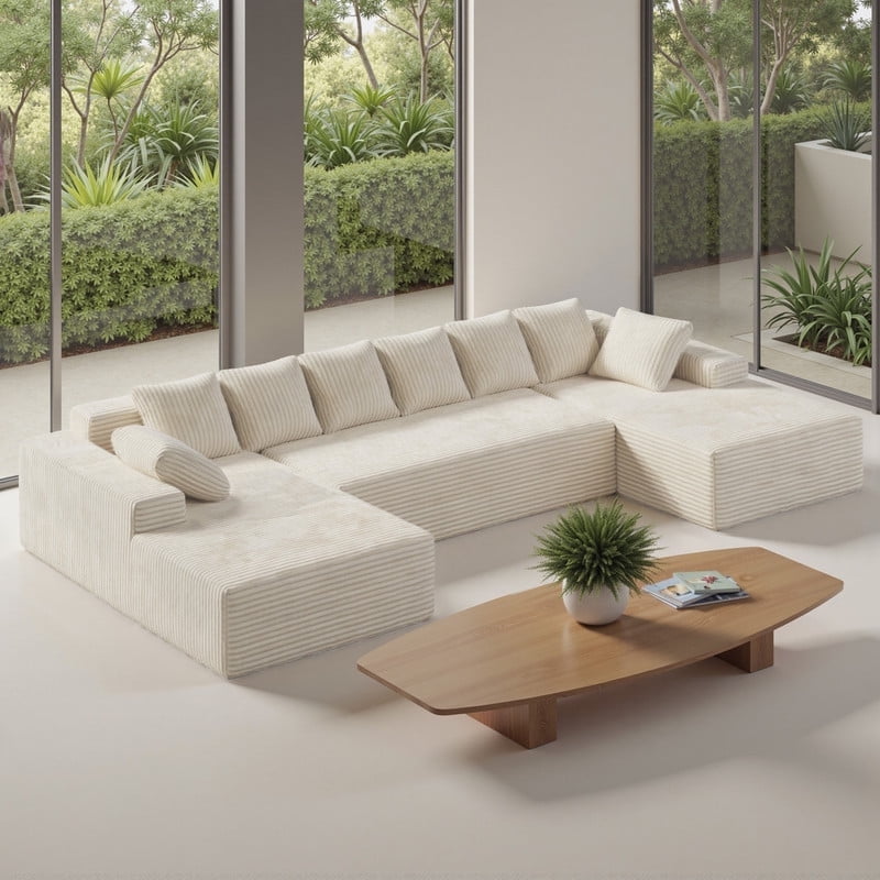 Daluvenix 131'' Modular Sectional Couch Modern U-Shaped Floor Sofa with Double Chaise Lounge Free Combination Luxury Couches for Living Room Beige