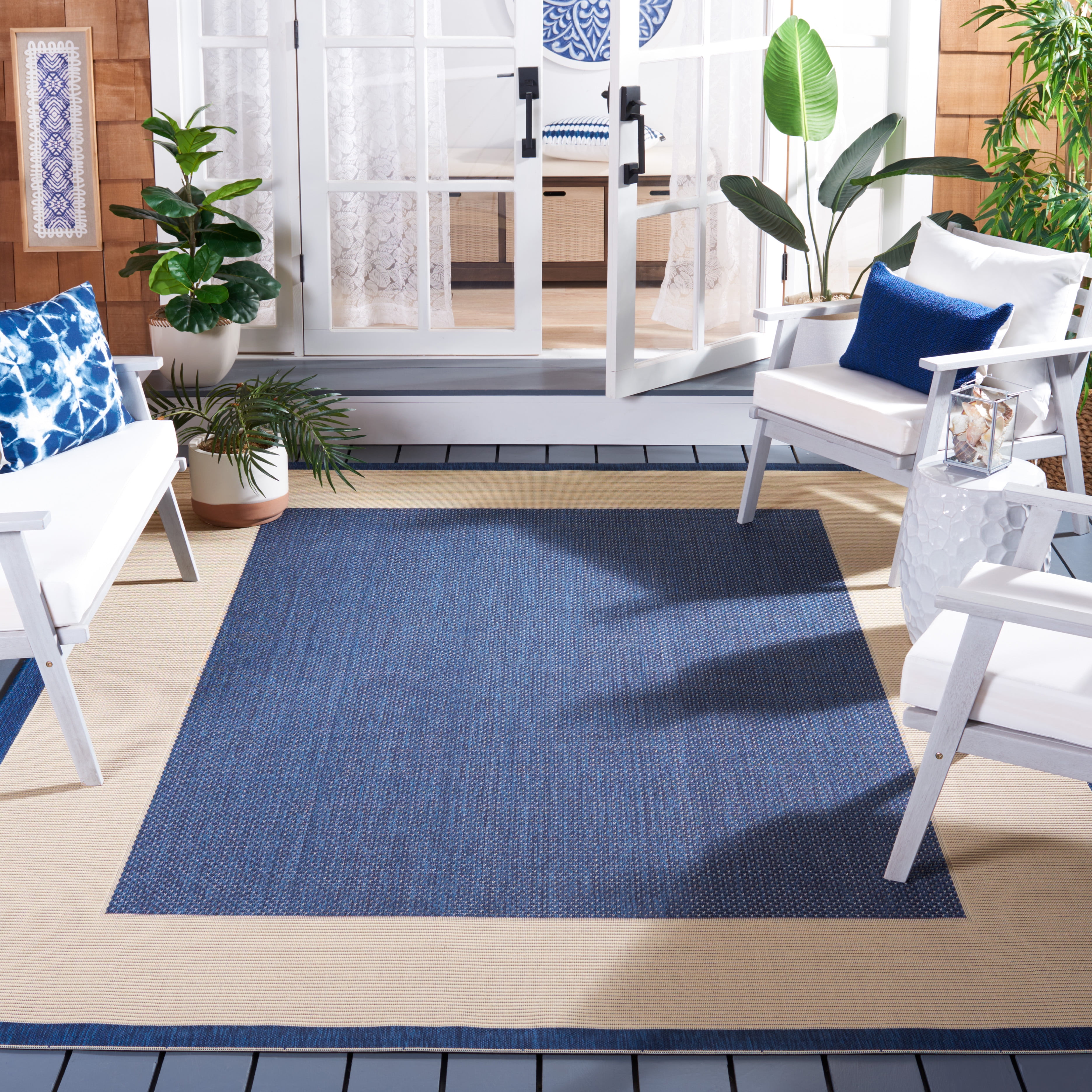 Safavieh Courtyard Justine Bordered Indoor/Outdoor Area Rug, Navy/Beige, 10' x 14'