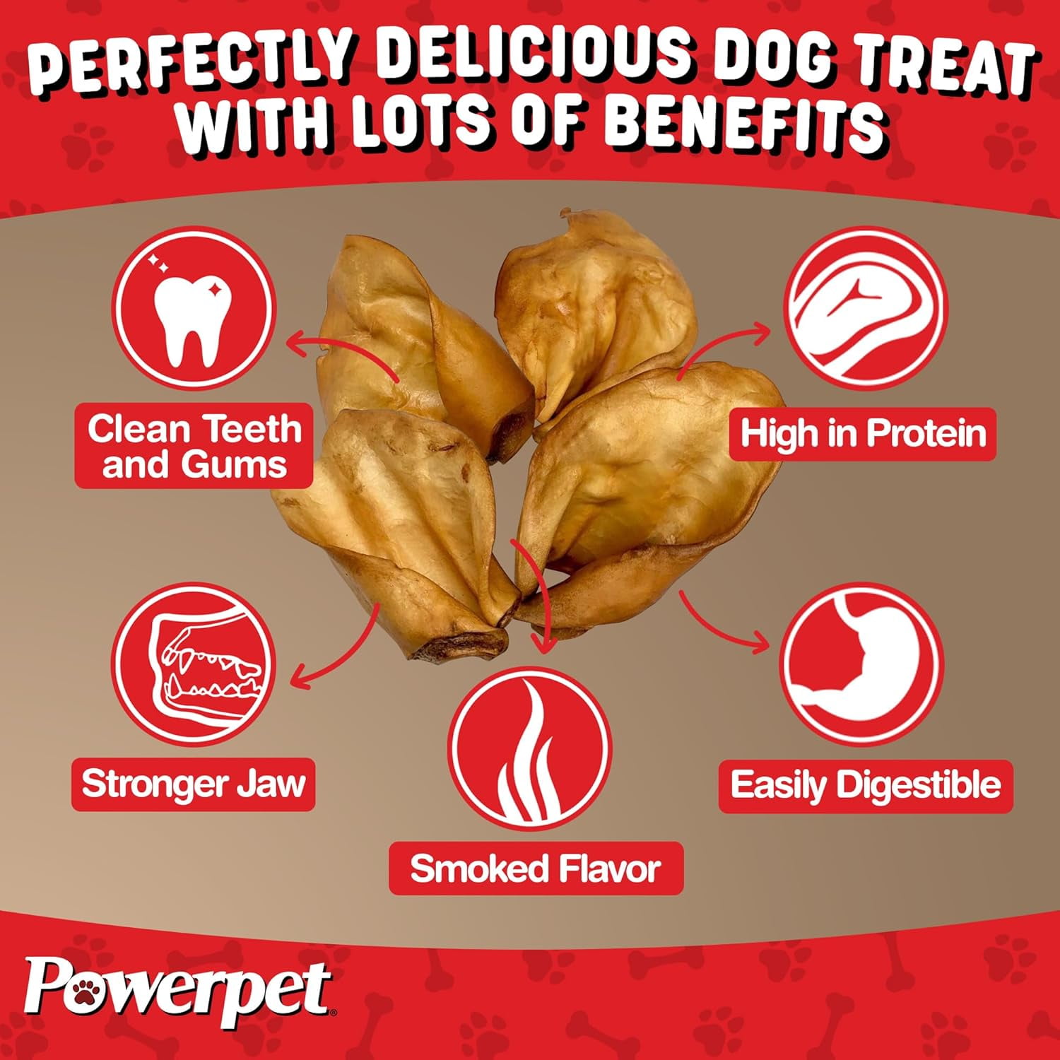 Powerpet Smoked Beef Ears, Dental Treats for Dogs, High Protein, Low Fat, 100 Pieces Bag