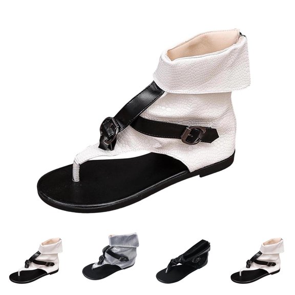 Women Faux Leather Sandals Metal Buckle Open Toe Ankle High Comfy Non-Slip Flat Shoes For Beach Casual Summer (9.5, White)