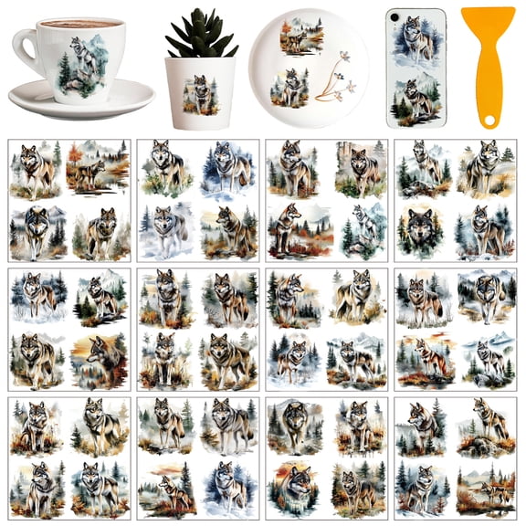 12 Sheets Forest Wolf Rub on Transfer Stickers Wild Animal Theme Rub on Transfers for Crafts Furniture Sticker Decals