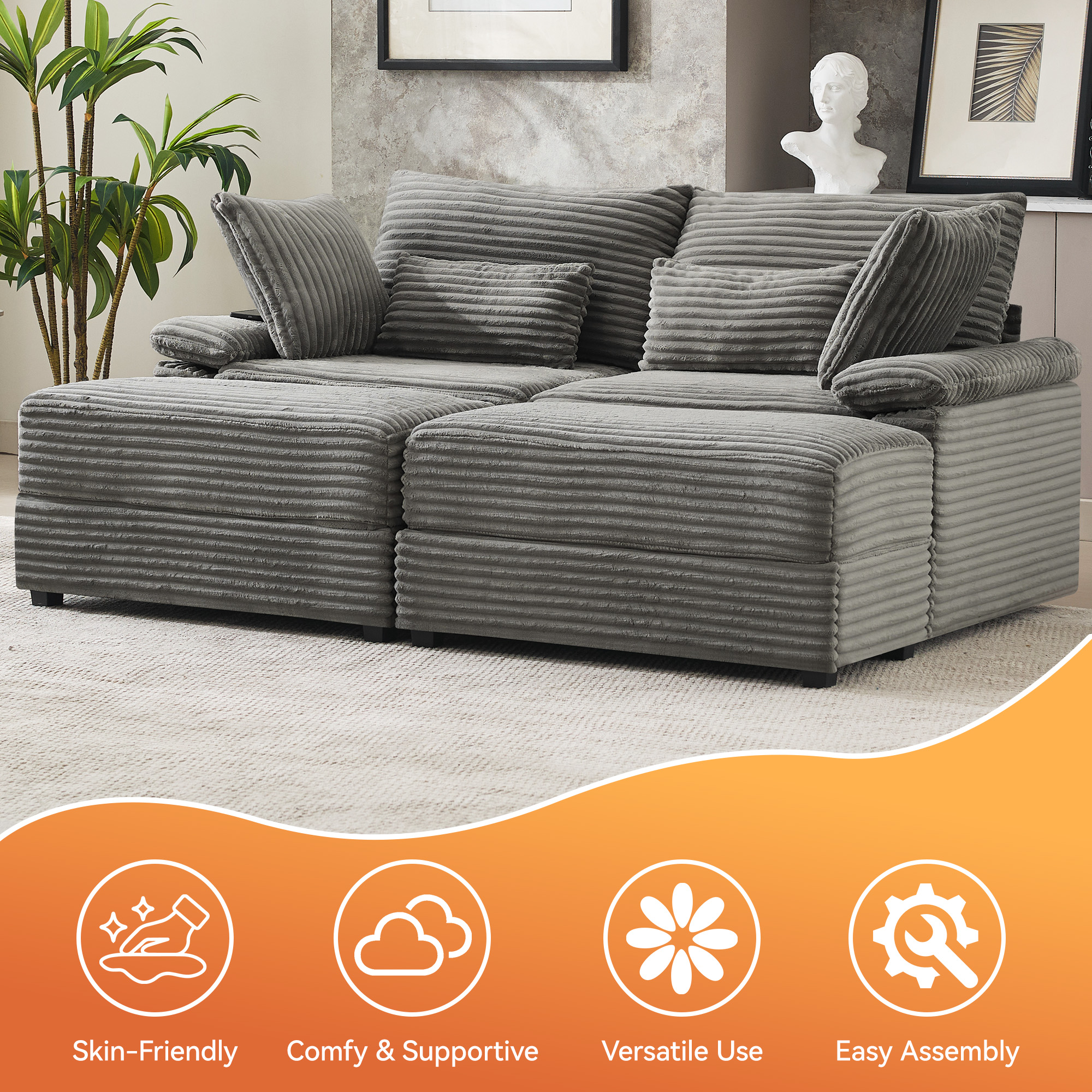 Corduroy Upholstered Sofa for Living Room,Modern Deep Seat Comfy Loveseat Couch with 2 Ottomans,Gray