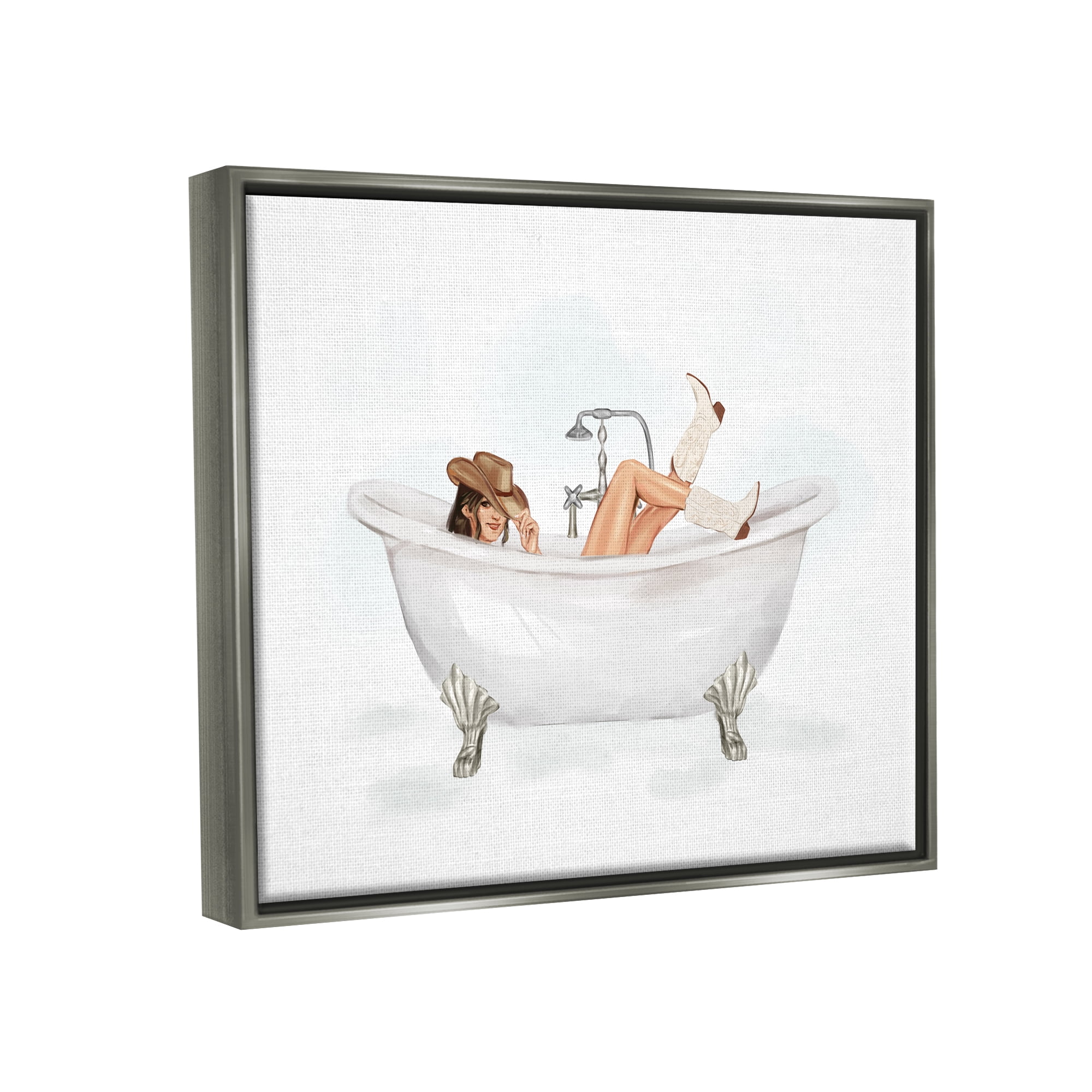 Stupell Industries Cowgirl in Bathtub Typography Painting Gray Floater Framed Canvas Art Print Wall Art, 21 x 17