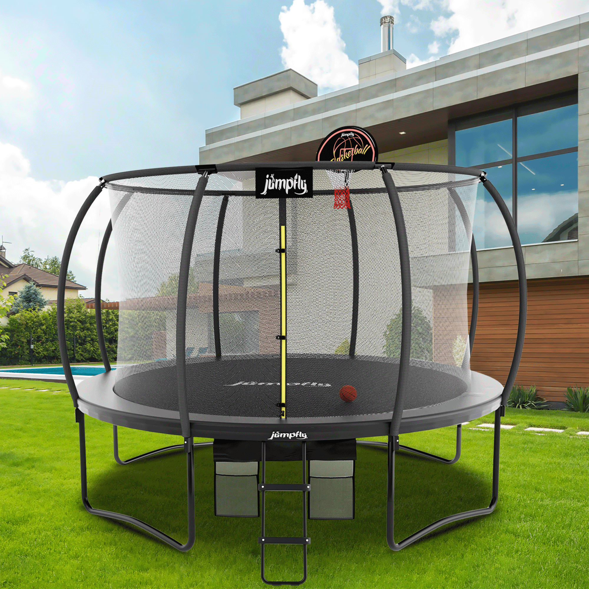 Jumpfly Trampoline 10FT Trampoline with Basketball HoopCurved Poles