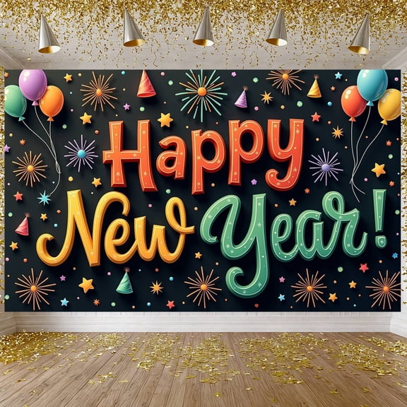 Colorful Balloons Happy New Year Banner Firework Decorations New Year Display Star Patterns Party Hats Festive Backdrop for New Year Party Holiday Celebration Indoor Decoration