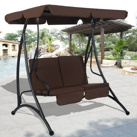 Costway Brown 2 Person Canopy Swing Chair Patio Hammock Seat Cushioned Furniture Steel