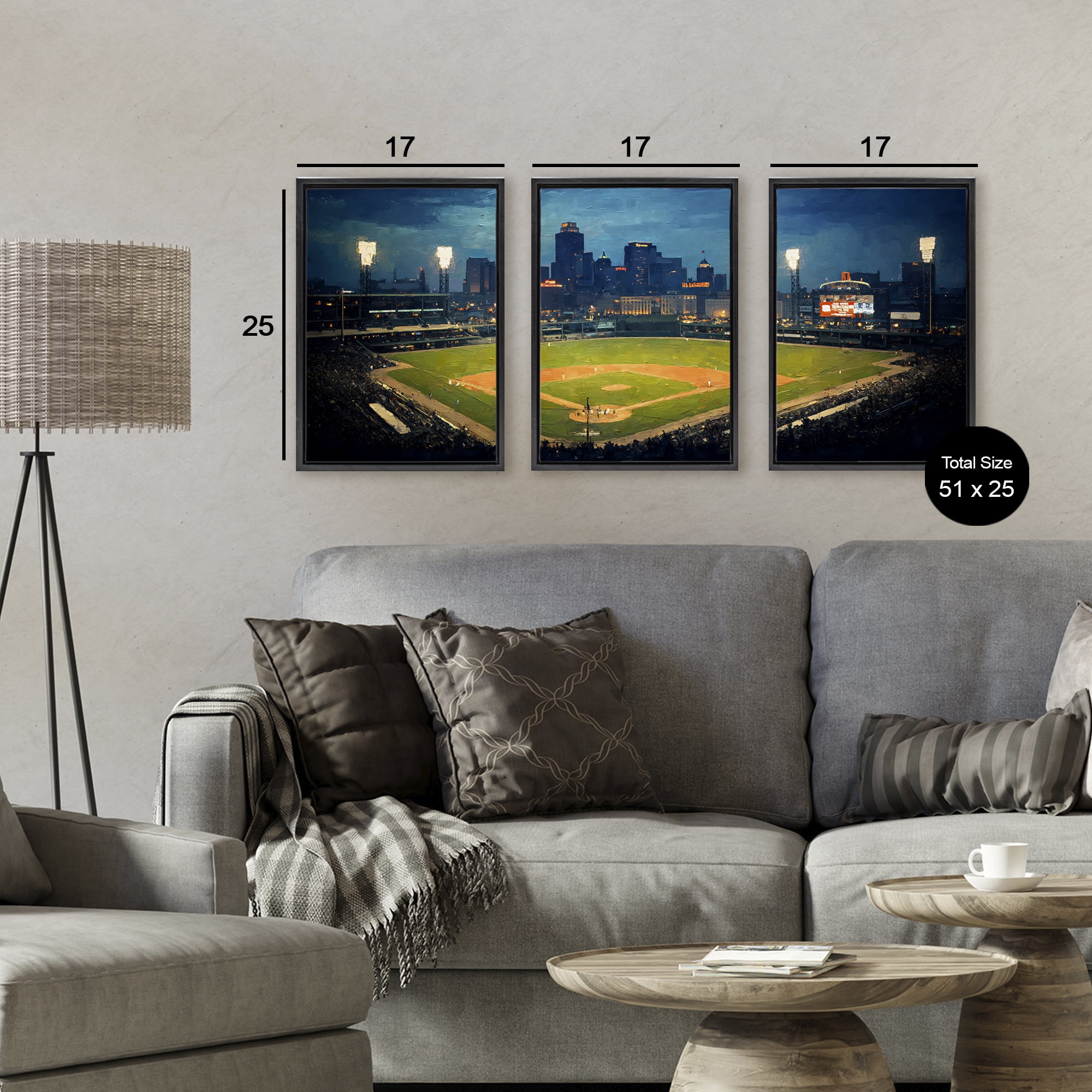 Stupell Industries Baseball Stadium Night View 3 Piece Black Framed Floater Canvas Set, design by Arlington Prints